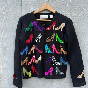 Women's Black Cardigan with Colorful Shoe Design